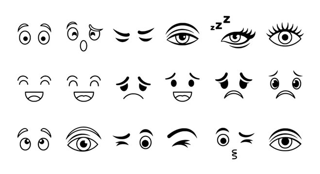 Eyes emoticon set with various expressions and winking faces in black outline featuring smiling, sad, sleepy with surprised and angry elements for