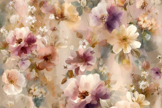 Elegant, chic, delicate seamless repeatable pattern featuring small delicate flowers such as roses, daisies, and wildflowers, soft pastel palette of dusty rose, mauve, ivory, pale yellow, lilac