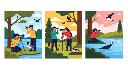 Fototapeta premium Group of nature enthusiasts uses binoculars and professional cameras to observe wild birds in their natural habitats.