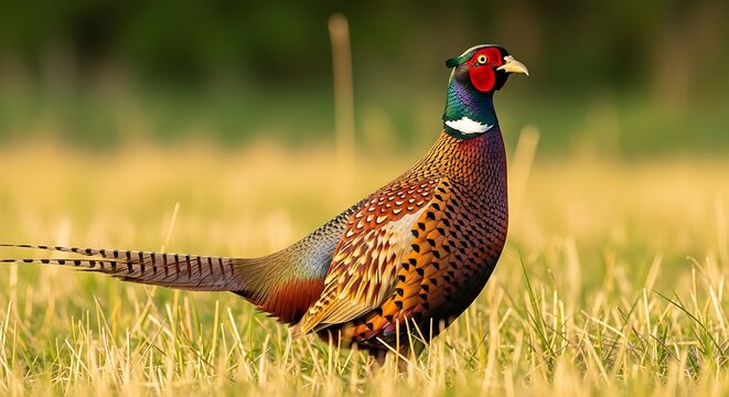 Majestic pheasant standing in a dry grassy field with lush greenery in the background