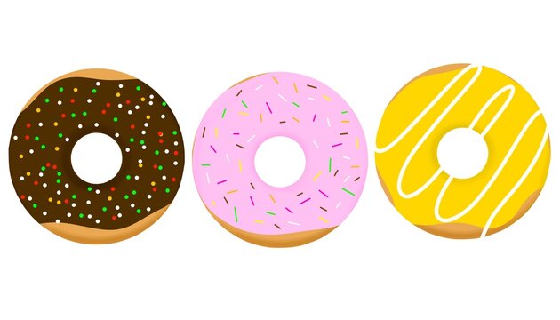 Three Donuts Arrangement Assorted Glaze Isolated on White. Donut Set Chocolate Pink and Blue Glaze Collection. Assorted Donut Trio Pastry Illustration Food Design