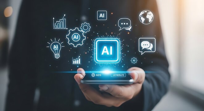Person holding smartphone with AI and symbols on screen artificial intelligence machine learning