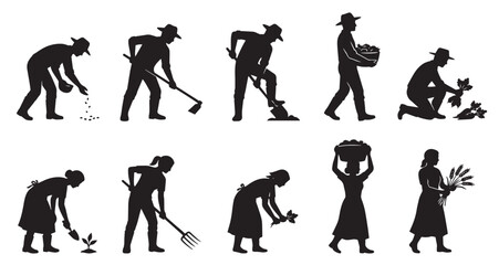 Fototapeta premium Farmers Working Field Silhouettes Set Pack. Editable Vector Stroke Illustration. featuring agriculture, farming, farmer, gardener, planting, seeding, cultivating, harvesting, rural more silhouettes.