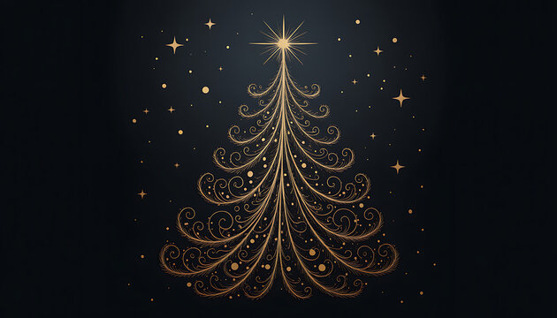 Stylized golden christmas tree illustration with swirly branches and stars on dark background for holiday celebration greeting cards and invitation.