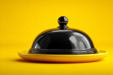 Fototapeta premium A sleek black serving cloche rests on a bright yellow plate against a vibrant matching yellow background, creating a striking minimalist still life composition.