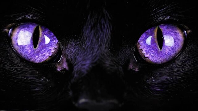 A close-up view of a cat's eyes with vivid purple irises against a stark, black backdrop