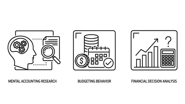 Icons for data analysis research, marketing budget tracking, and financial performance analysis