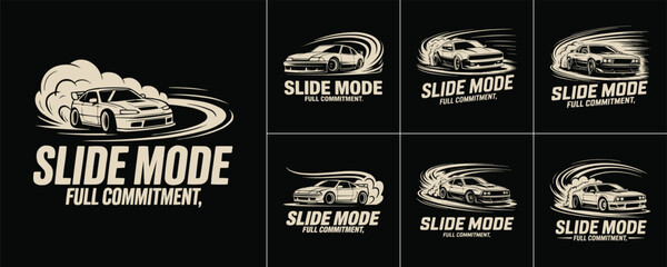 Multiple drift car logo designs featuring the text slide mode for automotive apparel brands and graphic design sport project collections © Vectyx