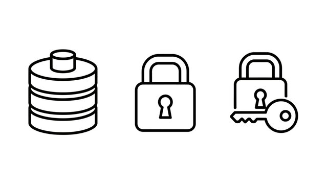 Data security icons: database, lock, and key