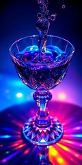 Obraz premium Jeweled sapphire liquid cascades into a faceted crystal chalice, light shattering into a spectrum below, creative, aesthetic