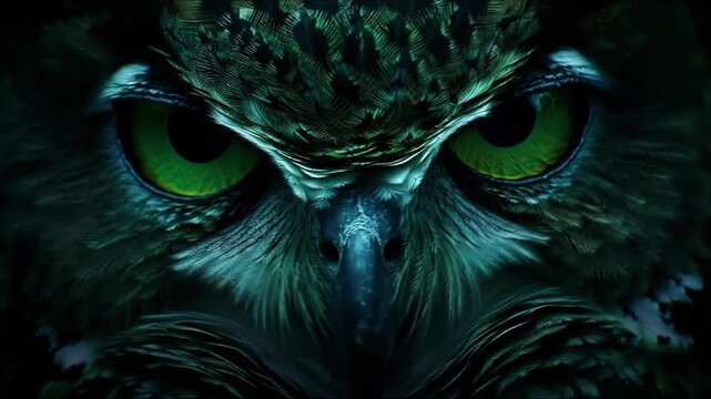 Close-up of a nocturnal bird, focusing on its feathers and intense gaze. A dark, mysterious image