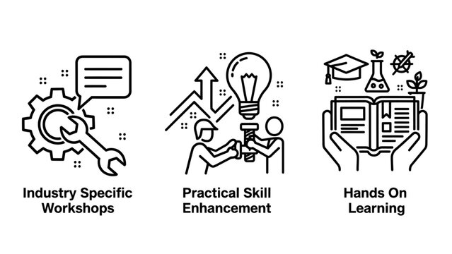 Educational icons: industry specific workshops, practical skill enhancement, and hands-on learning, hands