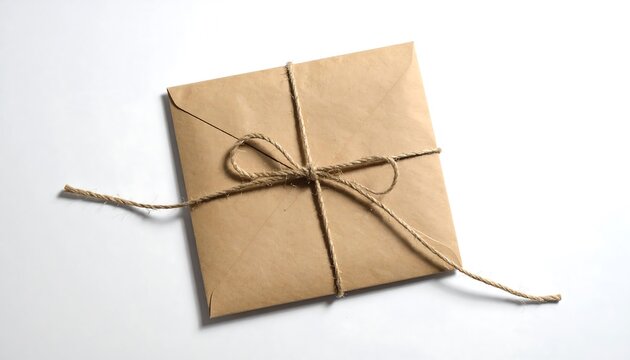 A square brown envelope is tied with twine, forming a bow, resting on a stark white background. Simple and elegant