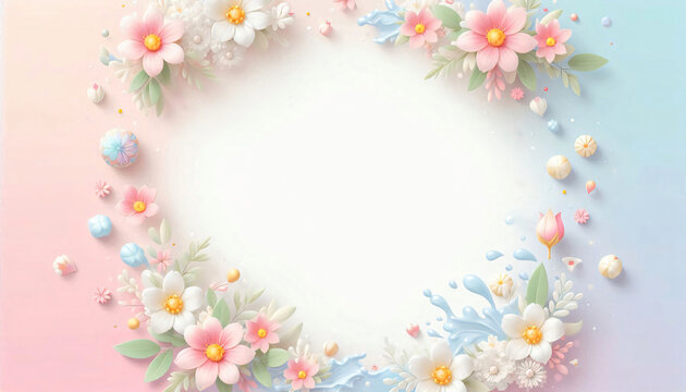 A pastel floral frame surrounds an empty space, with soft pink and blue colors.