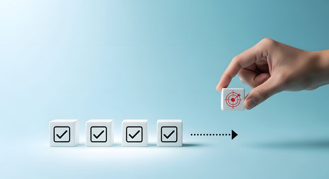 Hand holding a cube with a red X replacing a checked cube on a blue background in a business concept for change or exception for corporate design