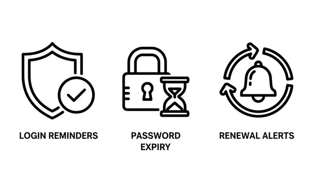 Security and notification alert icons for login, password expiry and renewal