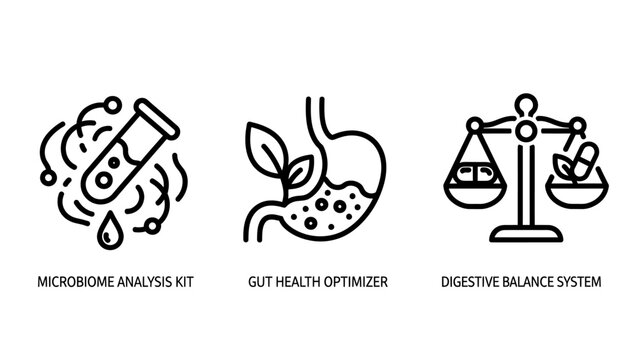 Medical icons for microbiome analysis, gut health optimizer, and digestive balance system