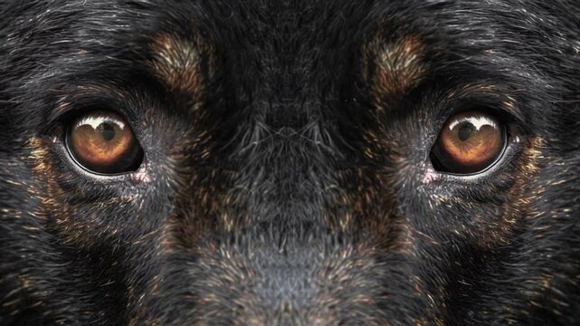 Close-up of a canine face, focused on amber eyes against a backdrop of dark fur