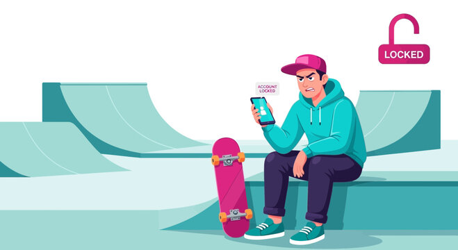 Frustrated Teenager with Smartphone and Skateboard at Skatepark