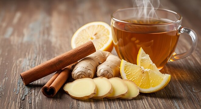 Ginger root and freshly brewed ginger tea with slices