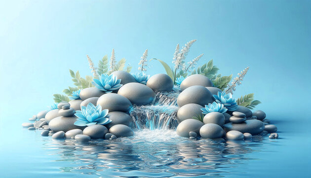 Bright Songkran background with smooth river stones and flowing water splashes, natural zen composition, fresh blue tones, minimal modern aesthetic