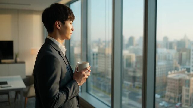 Professional holding coffee cup looking out office window at city skyline