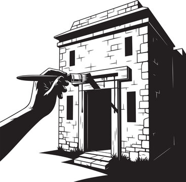 Passover doorpost painting scene showing hand with brush applying blood on stone house entrance lintel for protection during ancient exodus story