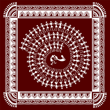 Warli peynting - hand drawn traditional the ancient tribal art India. Pictorial language is matched by a rudimentary technique depicting rural life of the inhabitants of India