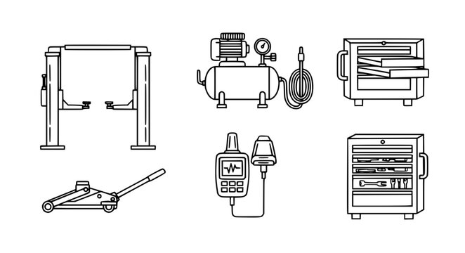 Garage Equipment Vector Icons with Lift Jack and Tool Chest