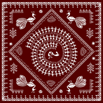 Warli peynting - hand drawn traditional the ancient tribal art India. Pictorial language is matched by a rudimentary technique depicting rural life of the inhabitants of India