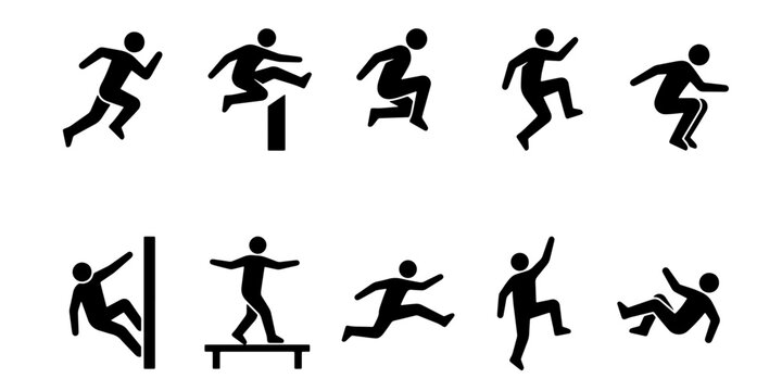 Parkour athlete silhouettes set, 10 urban freerunning icons, black stick figures jumping and climbing, extreme sports vector elements for signage