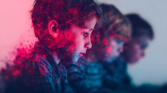 A young boy intensely focused on a screen, with a vivid digital dispersion effect blending into the background.