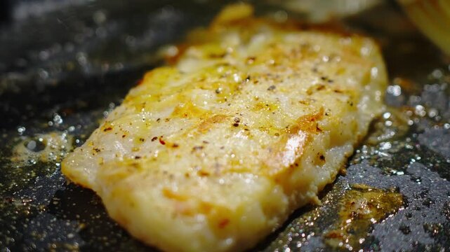 Frying white fish fillets. Frying hake fillets in a hot pan Final glaze brushed across seasoned fillet, tight shot of glossy butter and pepper meeting crisp edge with sizzling oil