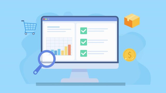 Animated ecommerce dashboard with charts, checklist, product box and finance icons, representing sales analysis, inventory tracking, and digital business performance in a modern interface.