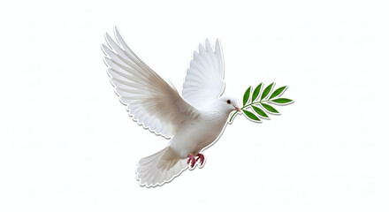 Fototapeta premium White Dove Flying with Green Olive Branch in Beak on White Background