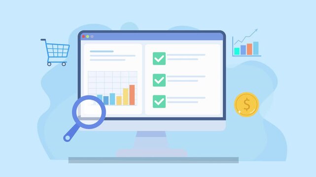Animated ecommerce dashboard with charts, checklist, shopping cart and finance icons, representing sales tracking, revenue analysis, and digital business performance in a modern interface.