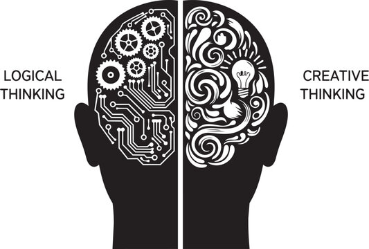 Conceptual illustration of human brain split into logical thinking with gears and circuits and creative thinking with lightbulb