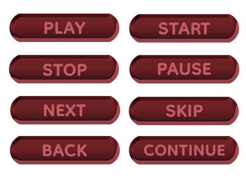 Luxury Soft Red Gradient Velvet-Like 3D Media Control Button Set with Play Start Stop Pause Next Skip Back Continue Text, Smooth Matte Fabric Texture, Rounded Capsule Bevel UI Elements