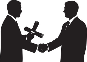 Fototapeta premium Silhouette of two businessmen shaking hands while one is holding a diploma or certificate