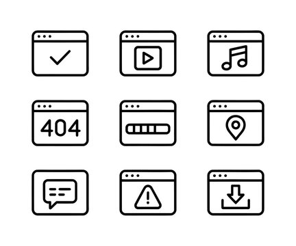 Collection of vector browser icons representing different web functionalities and errors