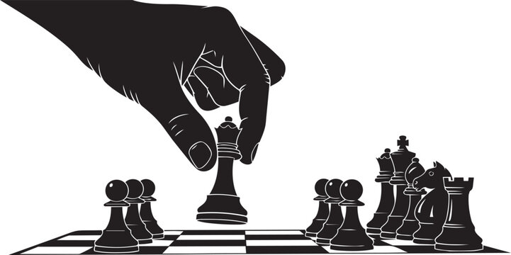 Silhouette of a hand moving a chess queen piece on a chessboard