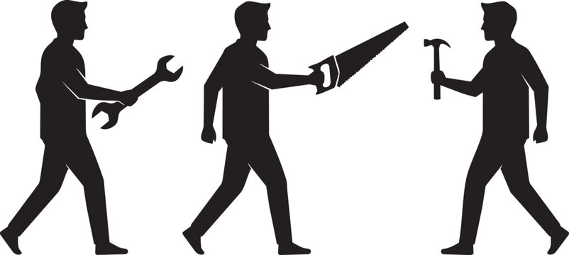 Set of silhouettes of men holding different construction tools like a wrench, a hand saw, and a hammer