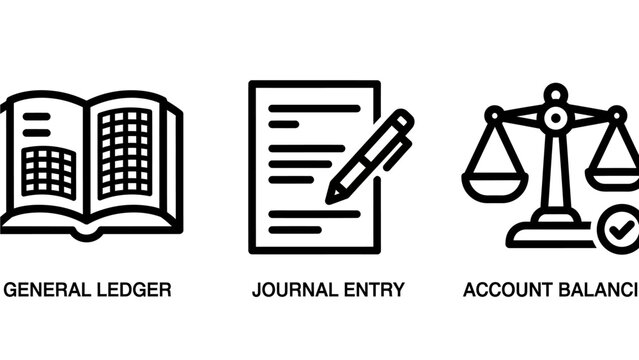 Accounting and financial bookkeeping icons set featuring general ledger journal entry and account balance