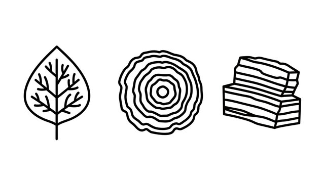 Set of nature and forestry icons featuring a tree leaf internal wood grain rings and stacked timber planks for construction and environment concepts