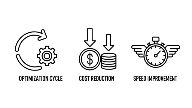 Business performance and financial efficiency icons illustrating optimization cycle cost reduction and speed improvement