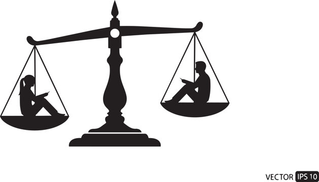 Silhouette of a man and a woman sitting on opposite sides of a balance scale, concept of gender equality or comparison
