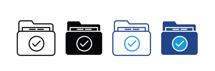 File folder with checkmark success icon set. Verified data storage, document archive confirmation, and organized file management symbol. © Jakiya Graphics