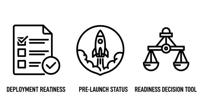 Business management icons for deployment readiness, pre launch status and readiness decision tools
