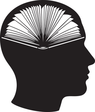 Silhouette of a human head with an open book inside, representing knowledge, education, reading, and intelligence