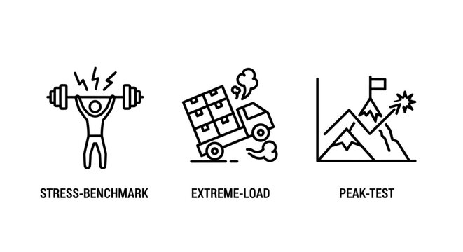 System performance testing and stress benchmark analysis icons